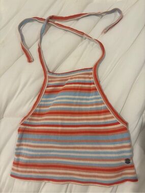 Roxy Striped Halter Tank Top in Coral, Light Blue & Cream